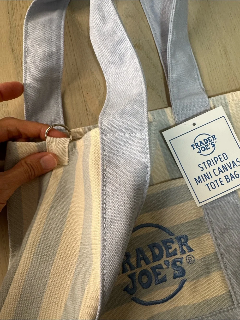 Trader Joe's Canvas Mini striped Pastel blue Tote Bags Foldable D-ring NO strap